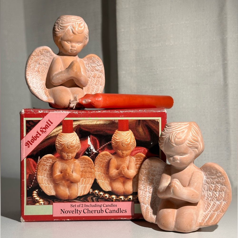 Vintage Nobel Hall Terracotta Kneeling Cherub with Candles Set of 2